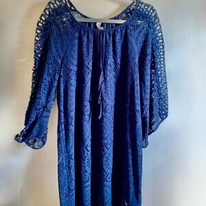 Tacera 1X Deep Navy Blue Lined Lace Overlay Dress